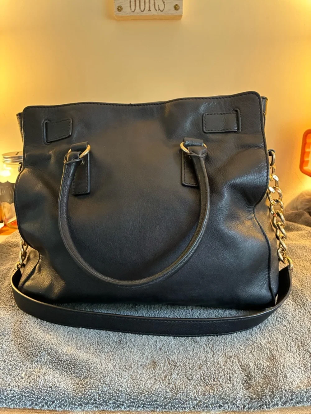 Michael Kors Black Leather Tote with Gold-Tone Lock - Picture 3 of 6
